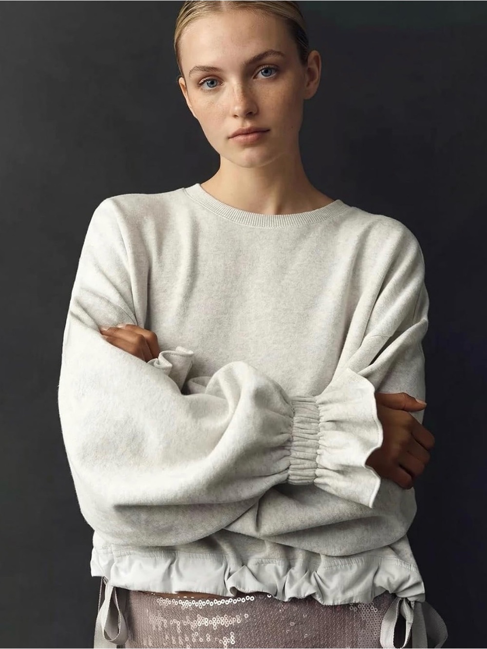 NEW Side Tie Crewneck Sweatshirt Balloon Sleeves Gray Medium